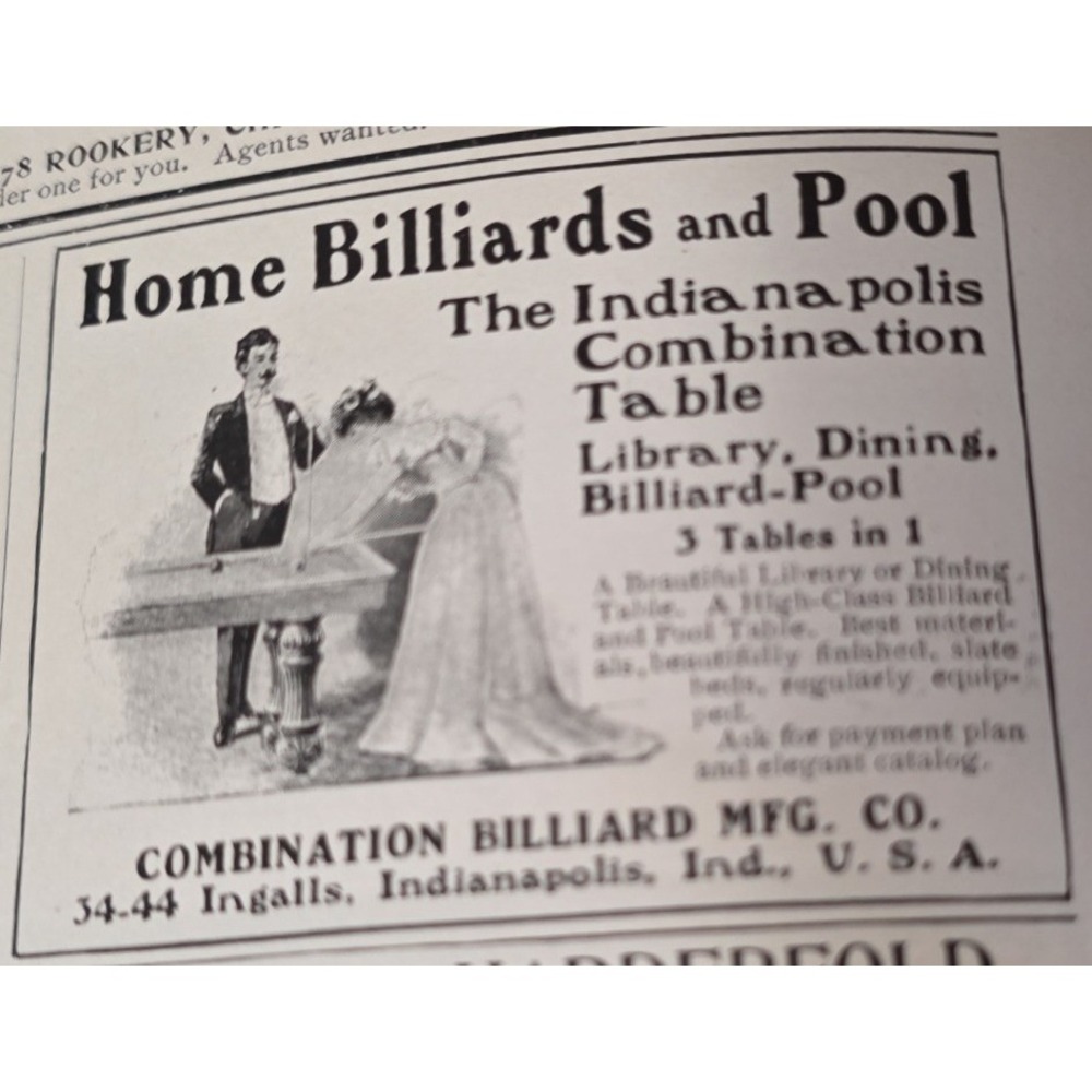 1903 Indianapolis Combination Billiard Table Print Ad Home Pool Decor Art
